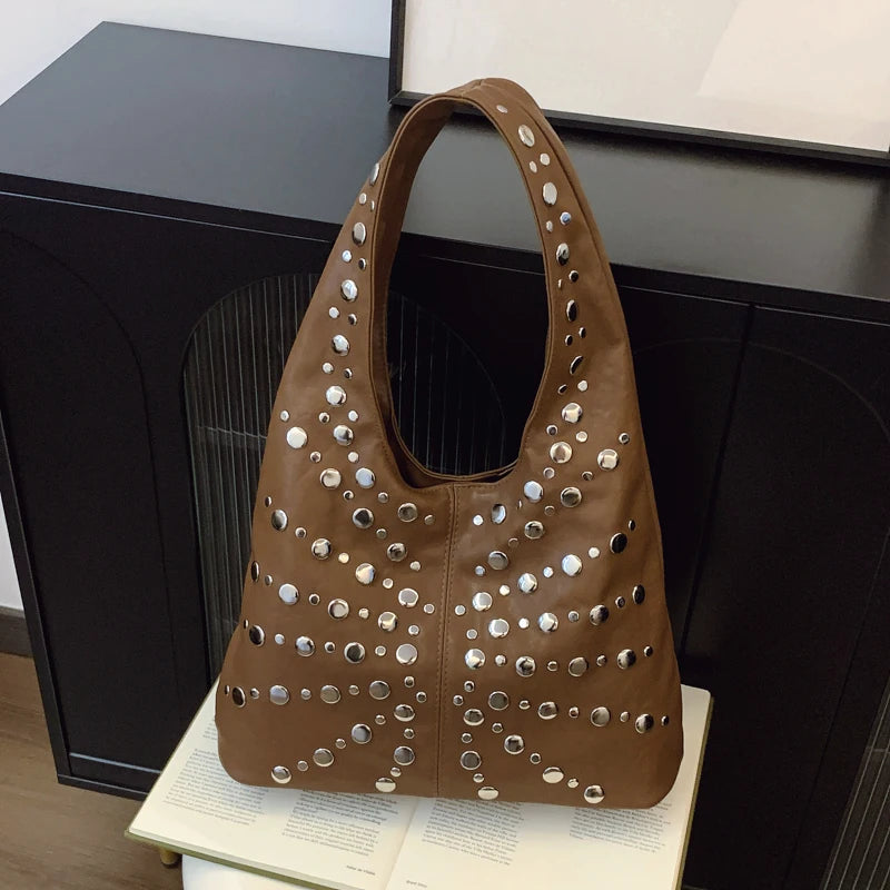 Bolso de hombro de moda para mujer, bolso de mano de lujo con remaches, bolso de mano de gran capacidad para oficina, bolso de mano estilo punk para chicas, bolsos principales para mujeres