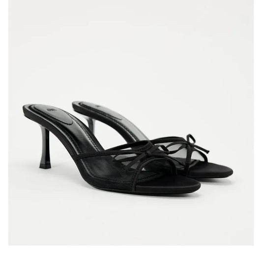 Sandalias de tacón para mujer, zapatillas de tacón de moda, sandalias de lujo con lazo de malla de encaje, zapatos de mujer