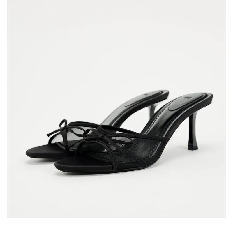Sandalias de tacón para mujer, zapatillas de tacón de moda, sandalias de lujo con lazo de malla de encaje, zapatos de mujer
