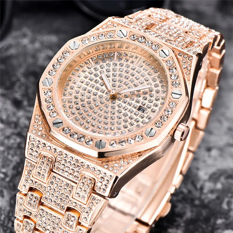 Reloj para hombre, original, de gran marca, de lujo, con diamantes, de aleación, con fecha, de cuarzo, dorado, 2025