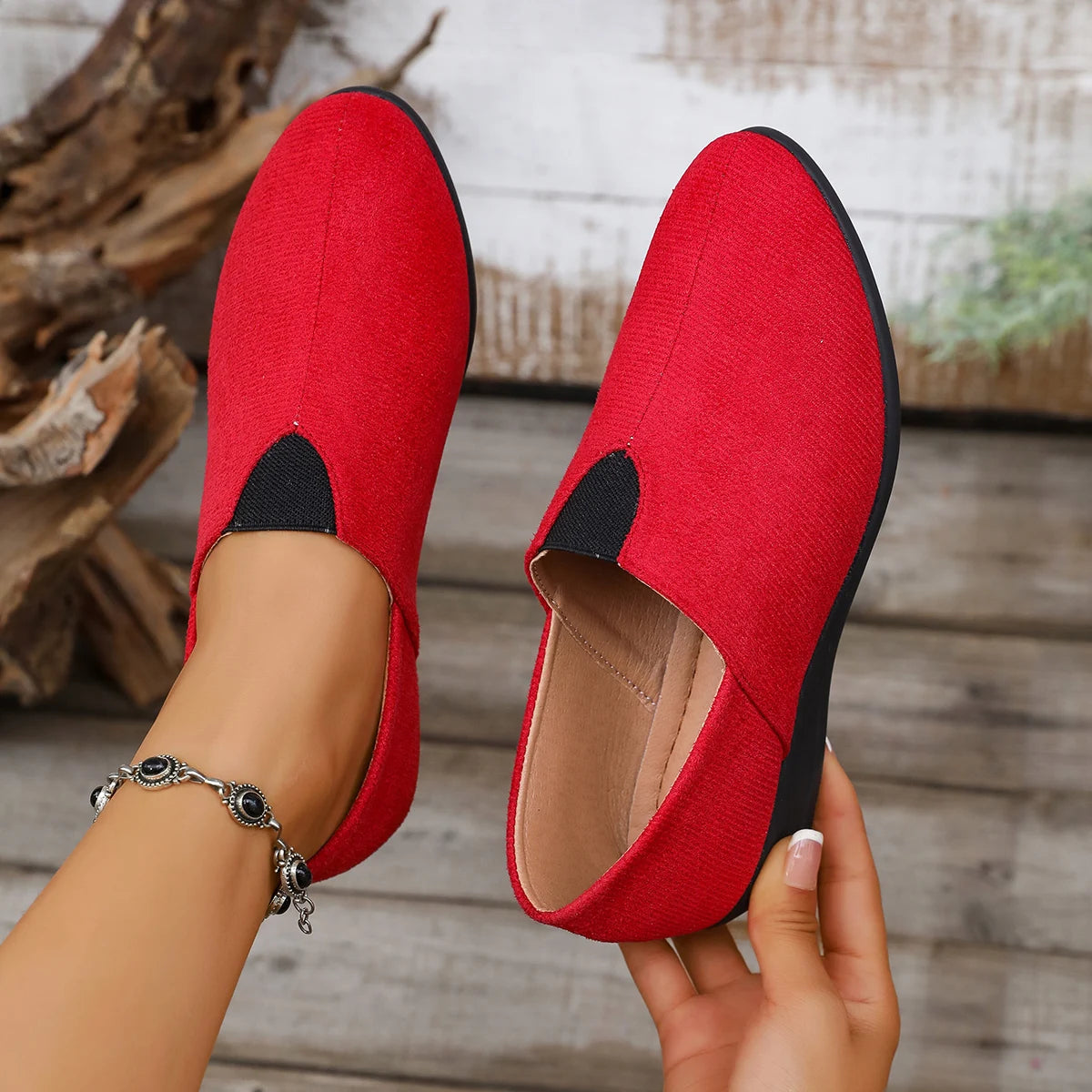Zapatos de tacón medio para mujer, tendencia de verano 2025, mocasines informales transpirables de tela vieja con punta redonda, zapatos de mujer