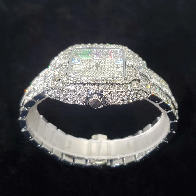 Reloj de lujo con diamantes para hombre, nuevo, 2025, a la moda, cuadrado, con números coloridos, estilo hip hop, joyería brillante, para fiesta