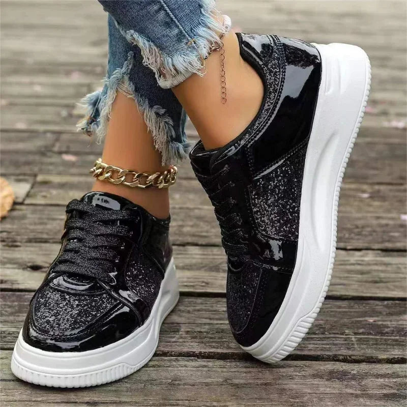 Zapatos de mujer plataforma con borde de oro, casual fashion sneakers, plataforma vulcanizada zapatos de tacón plano