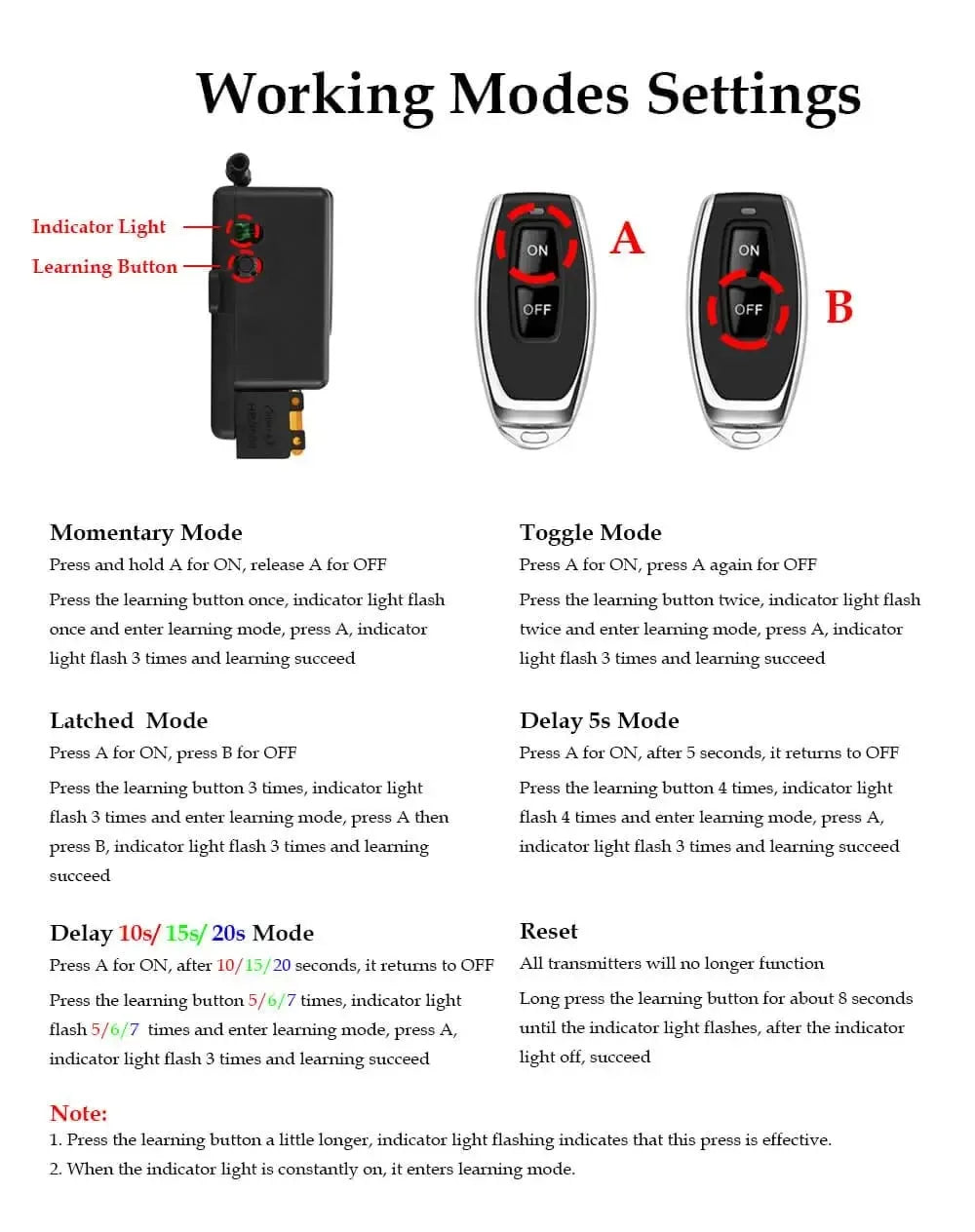 433Mhz Wireless Remote Control Switch AC 110V 220V 30A Relay 1CH Receiver Controller and 2botton RF 433 Mhz Transmitter