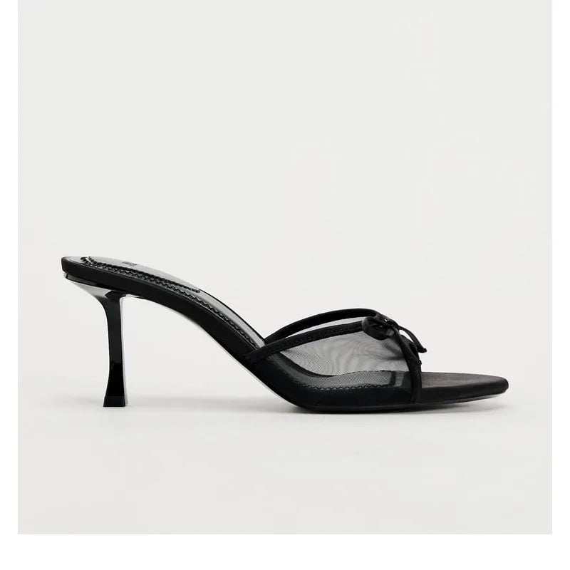 Sandalias de tacón para mujer, zapatillas de tacón de moda, sandalias de lujo con lazo de malla de encaje, zapatos de mujer