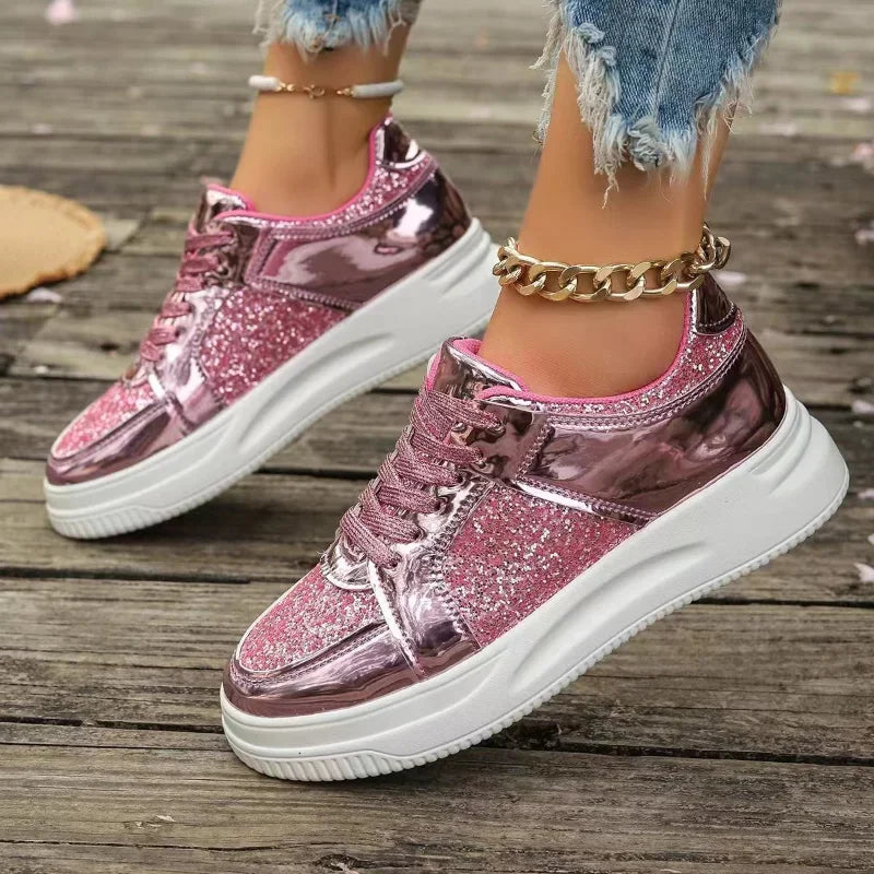 Zapatos de mujer plataforma con borde de oro, casual fashion sneakers, plataforma vulcanizada zapatos de tacón plano