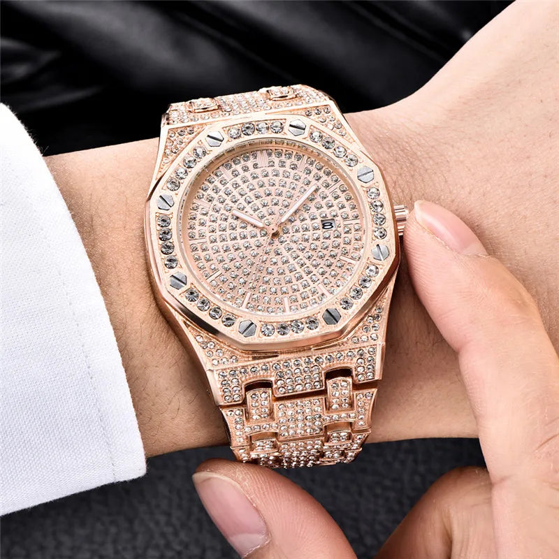 Reloj para hombre, original, de gran marca, de lujo, con diamantes, de aleación, con fecha, de cuarzo, dorado, 2025