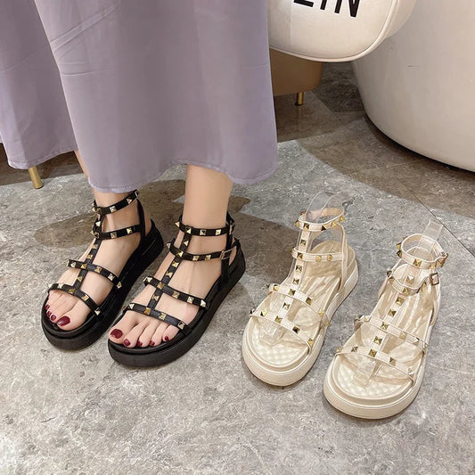 Zapatos de mujer en oferta 2024, sandalias de punta abierta de moda, remaches de verano, plataforma sólida para exteriores, zapatos casuales para mujer
