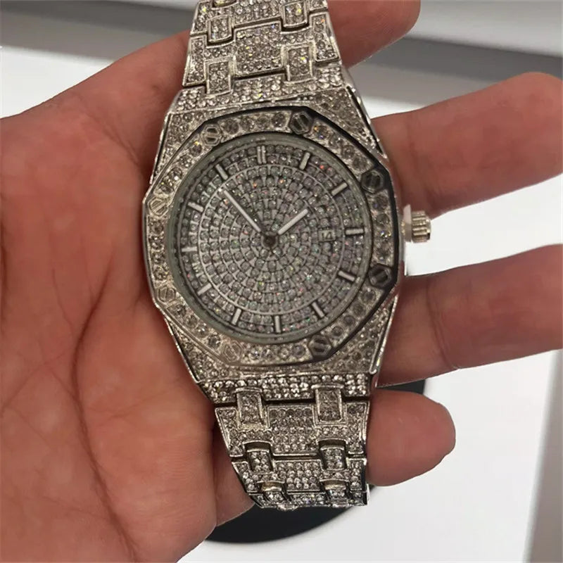 Reloj para hombre, original, de gran marca, de lujo, con diamantes, de aleación, con fecha, de cuarzo, dorado, 2025