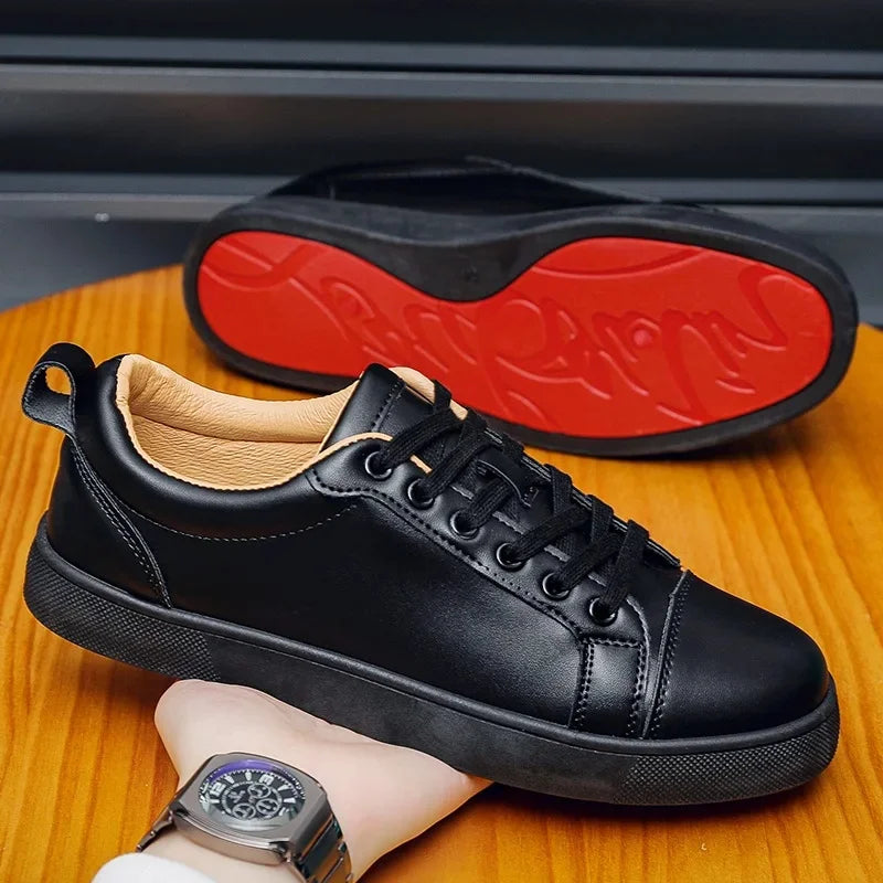 Zapatos informales de suela roja para hombre, zapatillas de deporte de cuero sin cordon negocios transpirable para ir al trabajo
