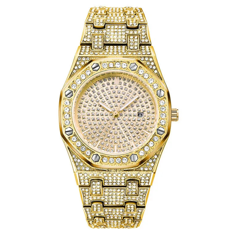 Reloj para hombre, original, de gran marca, de lujo, con diamantes, de aleación, con fecha, de cuarzo, dorado, 2025