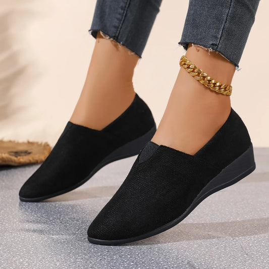 Zapatos de tacón medio para mujer, tendencia de verano 2025, mocasines informales transpirables de tela vieja con punta redonda, zapatos de mujer