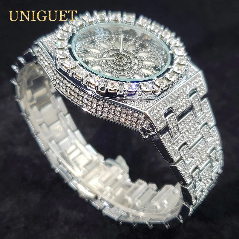 Reloj de lujo para hombre, reloj de cuarzo con diamantes de imitación brillantes y circonitas brillantes, estilo hip hop, luminoso, resistente al agua