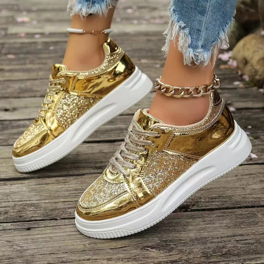 Zapatos de mujer plataforma con borde de oro, casual fashion sneakers, plataforma vulcanizada zapatos de tacón plano