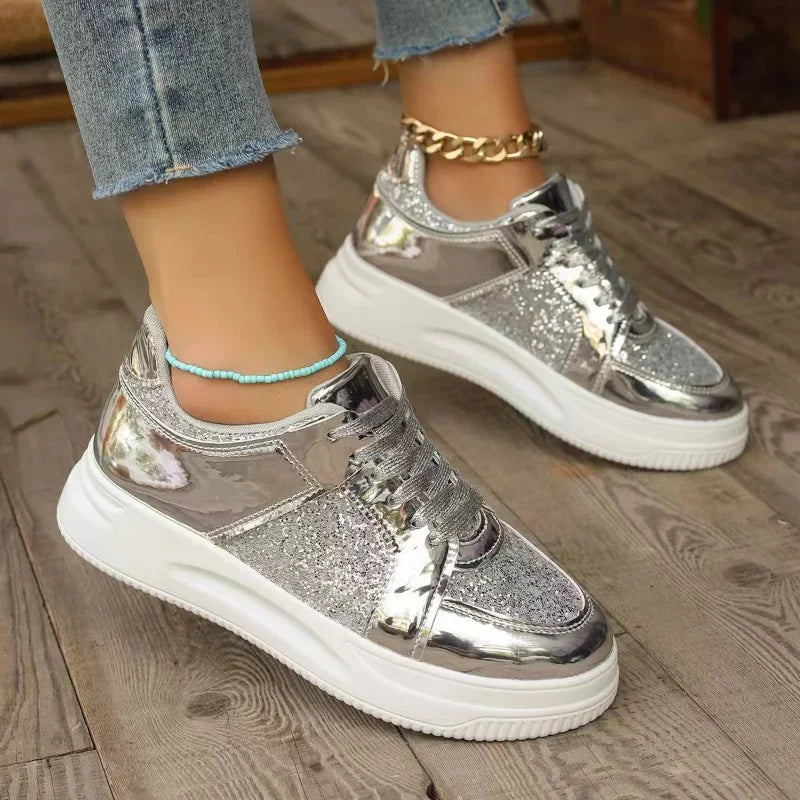 Zapatos de mujer plataforma con borde de oro, casual fashion sneakers, plataforma vulcanizada zapatos de tacón plano