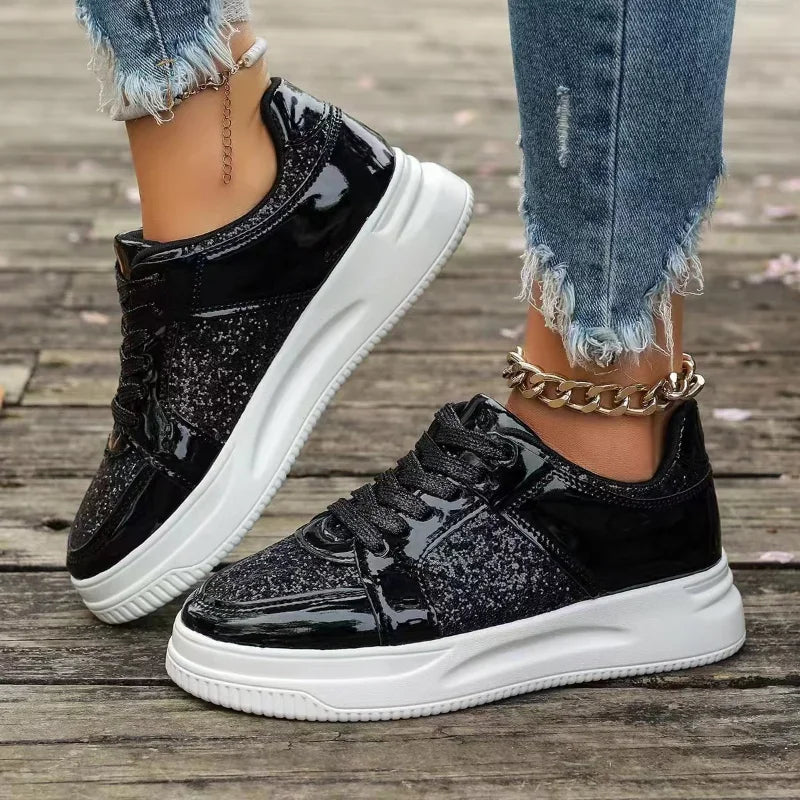 Zapatos de mujer plataforma con borde de oro, casual fashion sneakers, plataforma vulcanizada zapatos de tacón plano