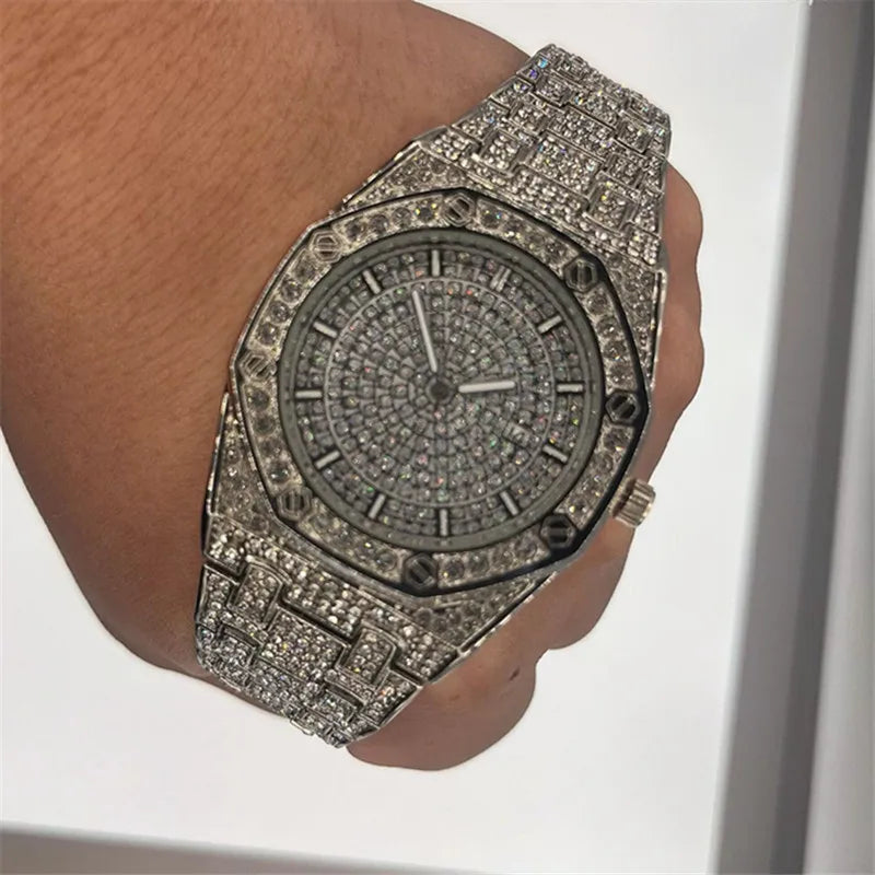 Reloj para hombre, original, de gran marca, de lujo, con diamantes, de aleación, con fecha, de cuarzo, dorado, 2025