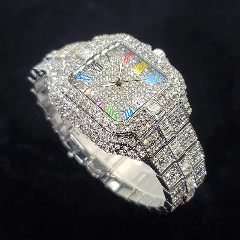 Reloj de lujo con diamantes para hombre, nuevo, 2025, a la moda, cuadrado, con números coloridos, estilo hip hop, joyería brillante, para fiesta