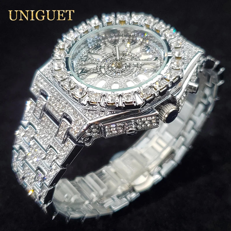 Reloj de lujo para hombre, reloj de cuarzo con diamantes de imitación brillantes y circonitas brillantes, estilo hip hop, luminoso, resistente al agua