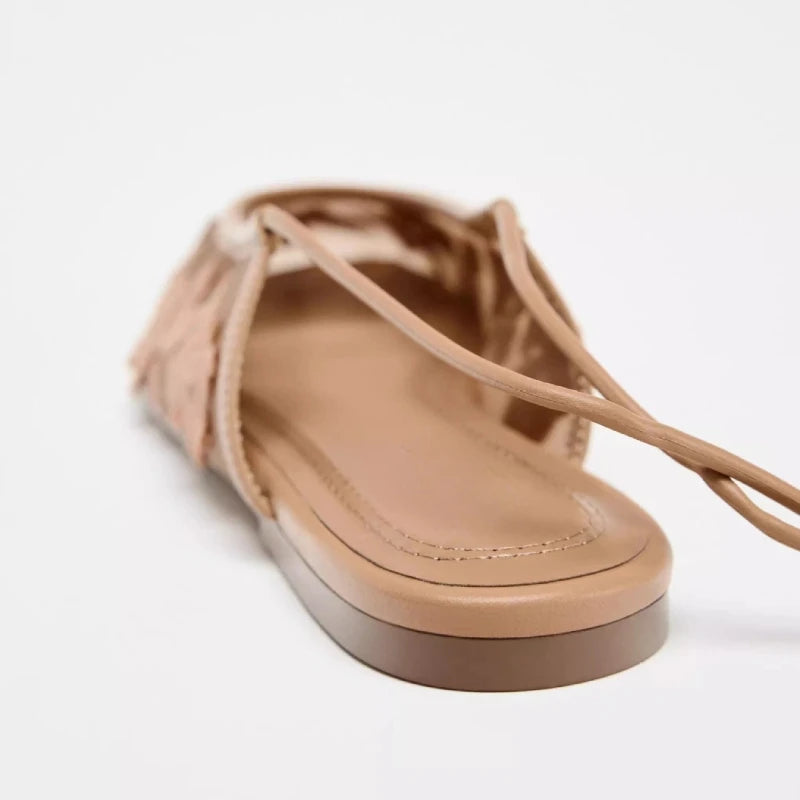 Sandalias planas con diseño de flores bordadas para mujer, zapatos informales con cordones de malla transpirable, elegantes y poco profundos