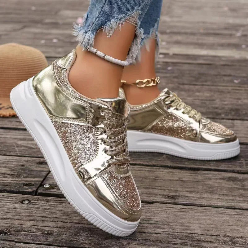 Zapatos de mujer plataforma con borde de oro, casual fashion sneakers, plataforma vulcanizada zapatos de tacón plano