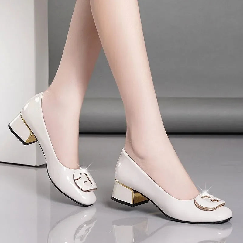 Zapatos de mujer bonitos de punta redonda negros, cómodos, sin cordones, elegantes, informales, beige, para primavera y verano, zapatos de trabajo con tacón z415