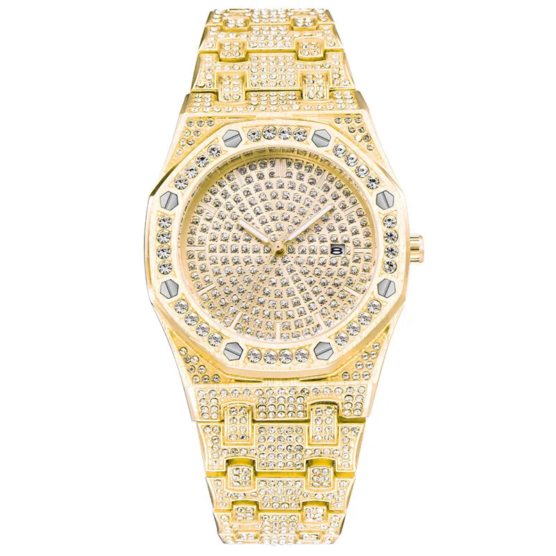 Reloj para hombre, original, de gran marca, de lujo, con diamantes, de aleación, con fecha, de cuarzo, dorado, 2025