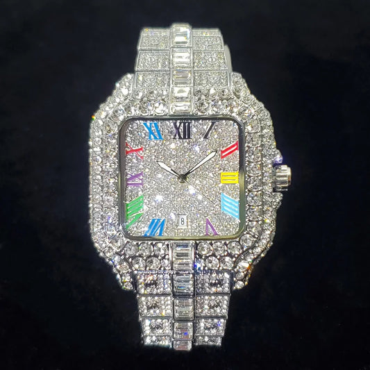 Reloj de lujo con diamantes para hombre, nuevo, 2025, a la moda, cuadrado, con números coloridos, estilo hip hop, joyería brillante, para fiesta