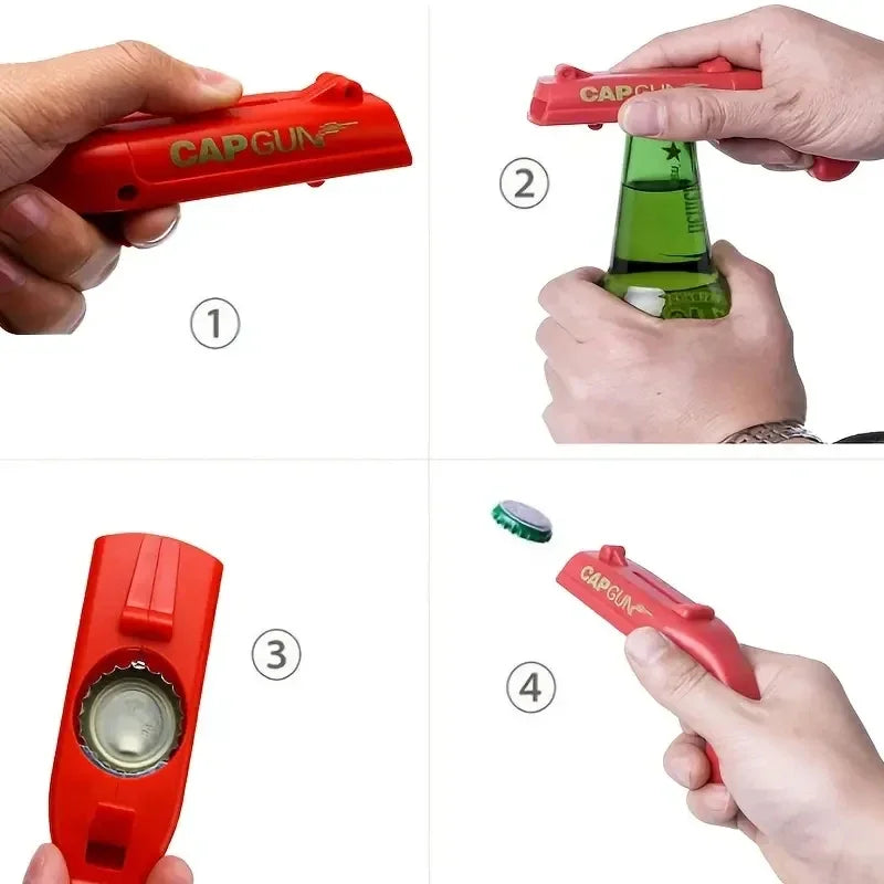 1 abridor de cerveza, lanzador de tapas voladoras, juego de beber para fiestas, juguete de cocina, accesorios de bar, destapador de pistola.