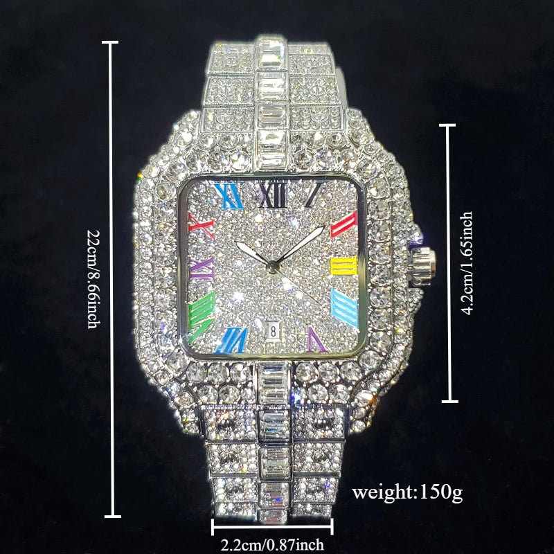 Reloj de lujo con diamantes para hombre, nuevo, 2025, a la moda, cuadrado, con números coloridos, estilo hip hop, joyería brillante, para fiesta