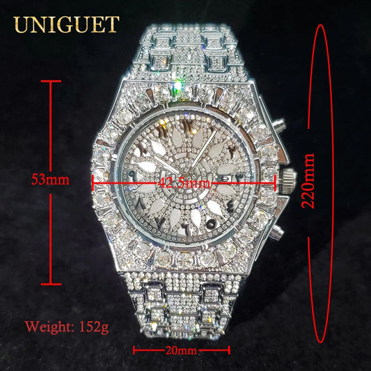 Reloj de lujo para hombre, reloj de cuarzo con diamantes de imitación brillantes y circonitas brillantes, estilo hip hop, luminoso, resistente al agua