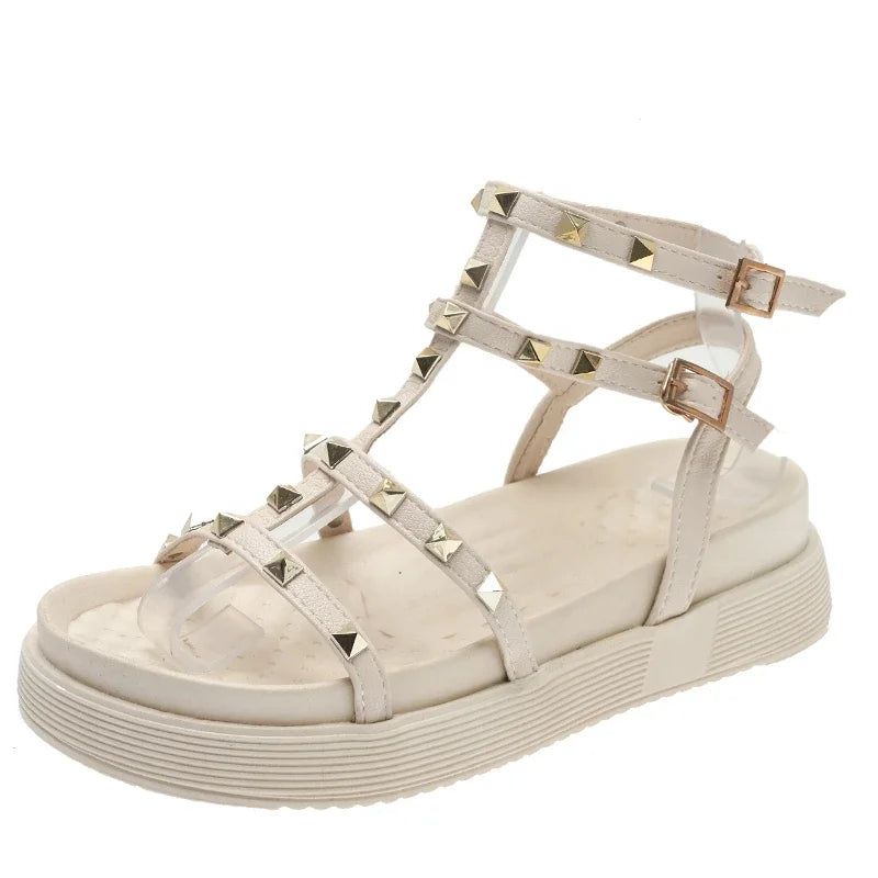 Zapatos de mujer en oferta 2024, sandalias de punta abierta de moda, remaches de verano, plataforma sólida para exteriores, zapatos casuales para mujer
