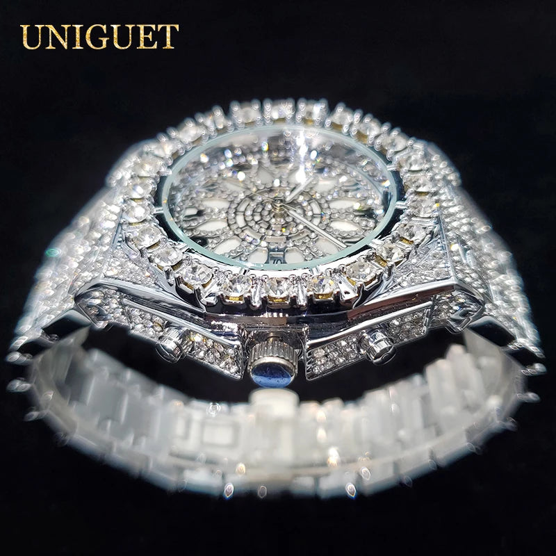 Reloj de lujo para hombre, reloj de cuarzo con diamantes de imitación brillantes y circonitas brillantes, estilo hip hop, luminoso, resistente al agua