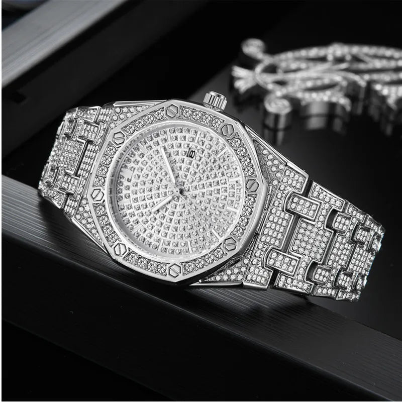 Reloj para hombre, original, de gran marca, de lujo, con diamantes, de aleación, con fecha, de cuarzo, dorado, 2025