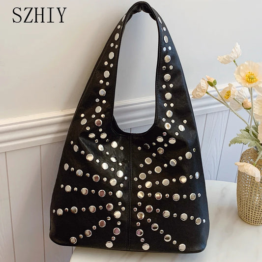 Bolso de hombro de moda para mujer, bolso de mano de lujo con remaches, bolso de mano de gran capacidad para oficina, bolso de mano estilo punk para chicas, bolsos principales para mujeres