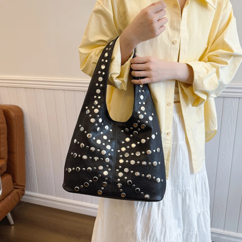 Bolso de hombro de moda para mujer, bolso de mano de lujo con remaches, bolso de mano de gran capacidad para oficina, bolso de mano estilo punk para chicas, bolsos principales para mujeres