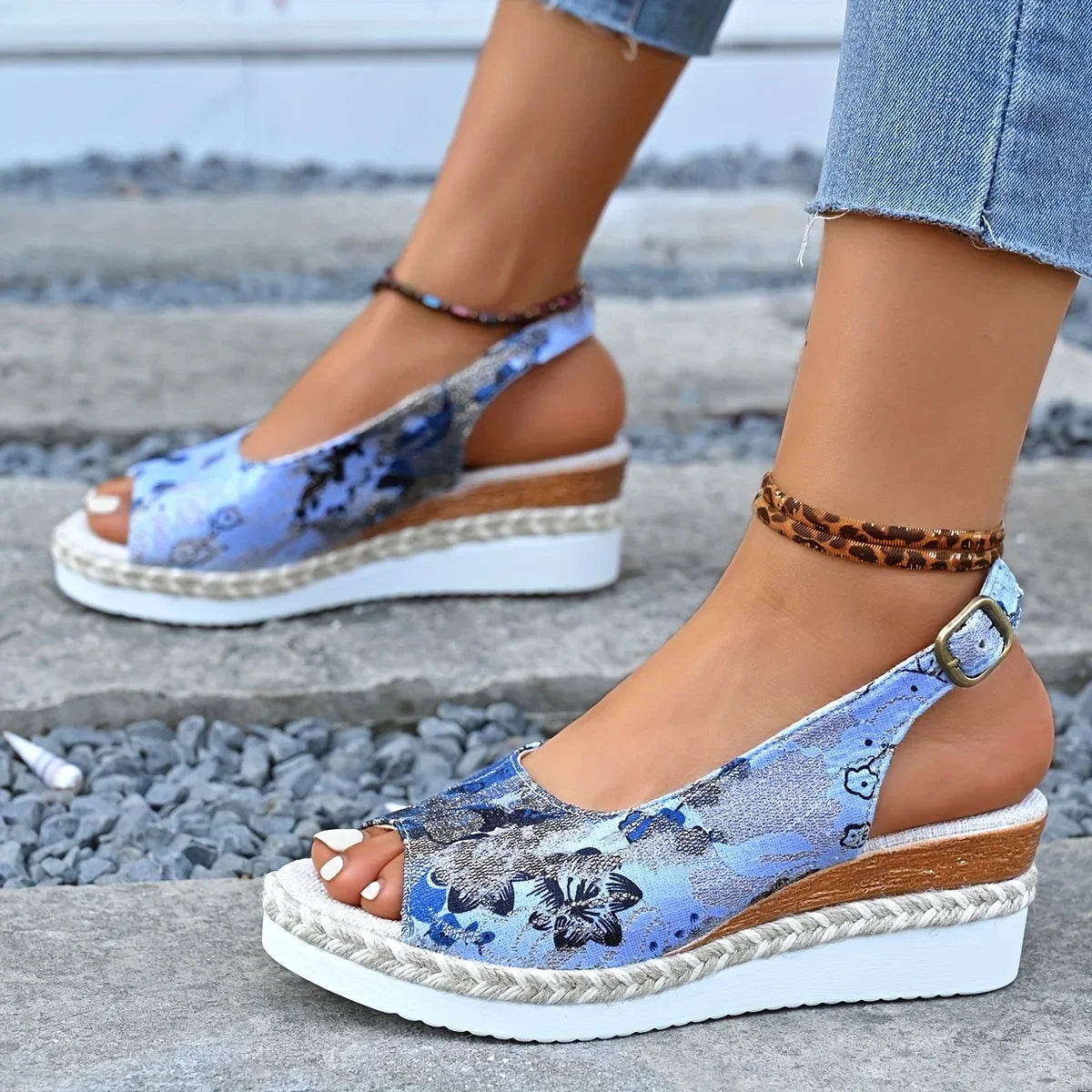 Zapatos Mujer Hot Sale Fashion Comfortable Floral Sexy Banquet Fish Mouth Soft Buckle Light Sandals Women's Casual Wedge Shoes