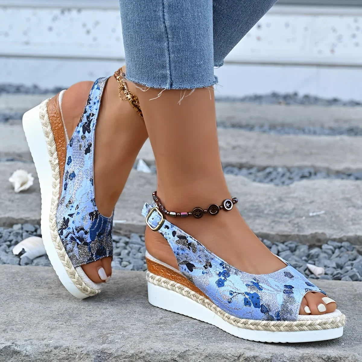 Zapatos Mujer Hot Sale Fashion Comfortable Floral Sexy Banquet Fish Mouth Soft Buckle Light Sandals Women's Casual Wedge Shoes