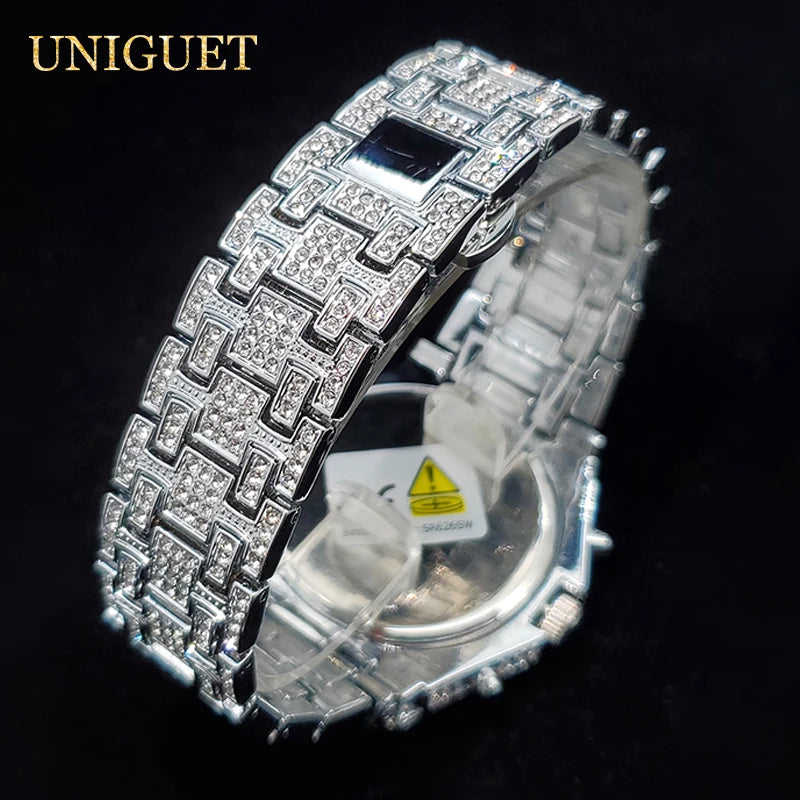 Reloj de lujo para hombre, reloj de cuarzo con diamantes de imitación brillantes y circonitas brillantes, estilo hip hop, luminoso, resistente al agua