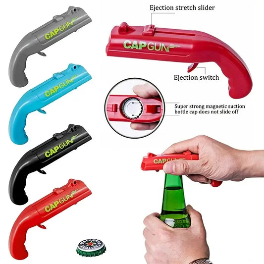1 abridor de cerveza, lanzador de tapas voladoras, juego de beber para fiestas, juguete de cocina, accesorios de bar, destapador de pistola.