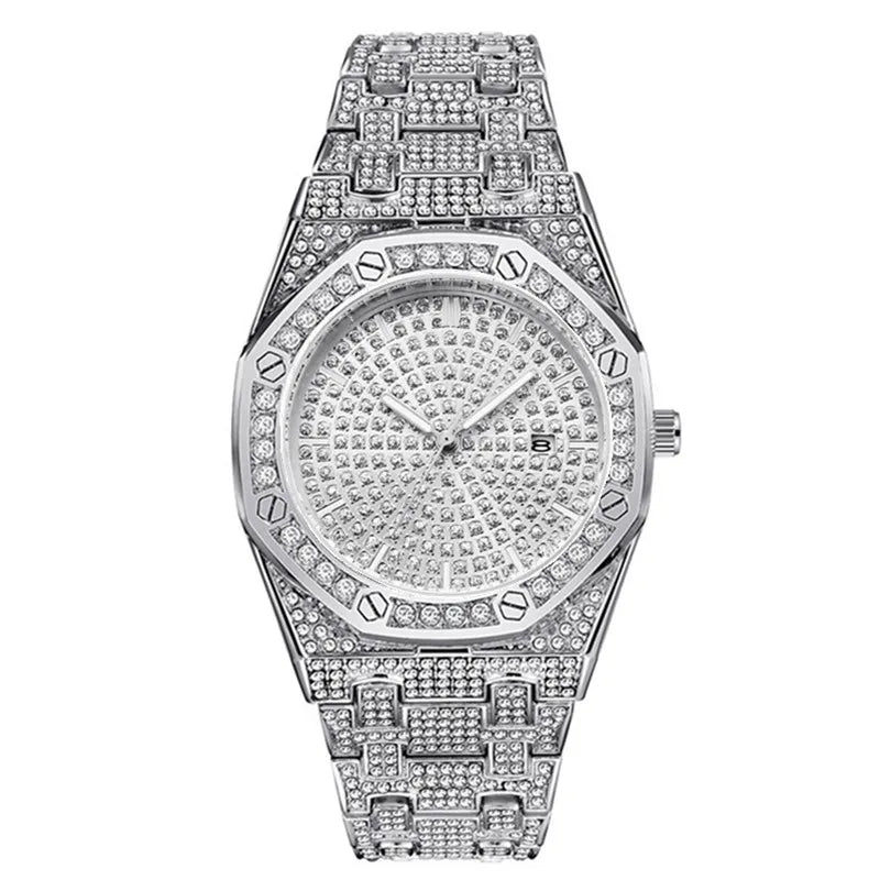 Reloj para hombre, original, de gran marca, de lujo, con diamantes, de aleación, con fecha, de cuarzo, dorado, 2025