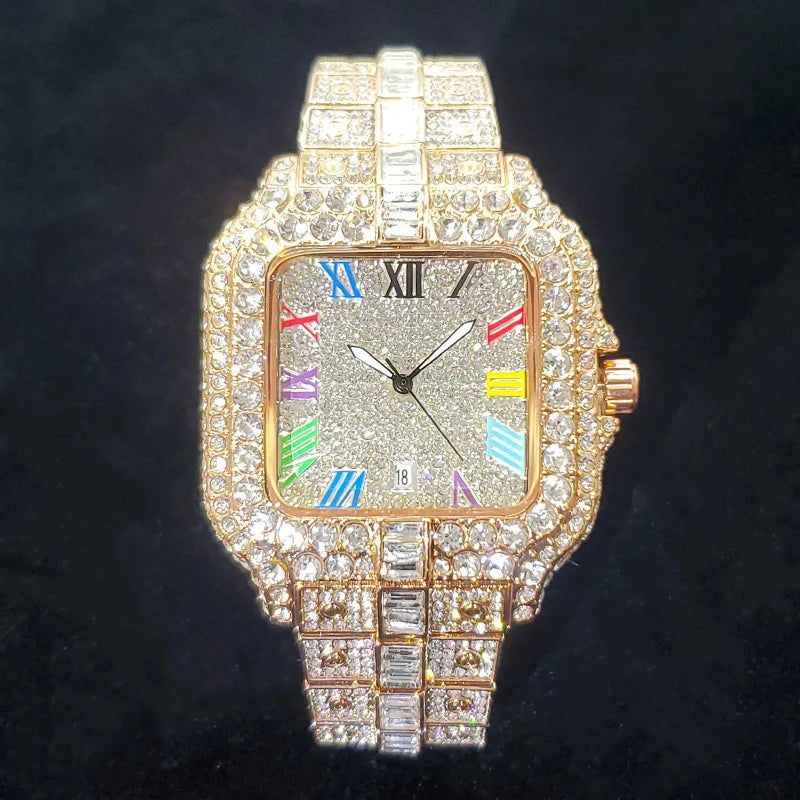 Reloj de lujo con diamantes para hombre, nuevo, 2025, a la moda, cuadrado, con números coloridos, estilo hip hop, joyería brillante, para fiesta