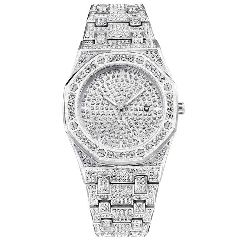 Reloj para hombre, original, de gran marca, de lujo, con diamantes, de aleación, con fecha, de cuarzo, dorado, 2025
