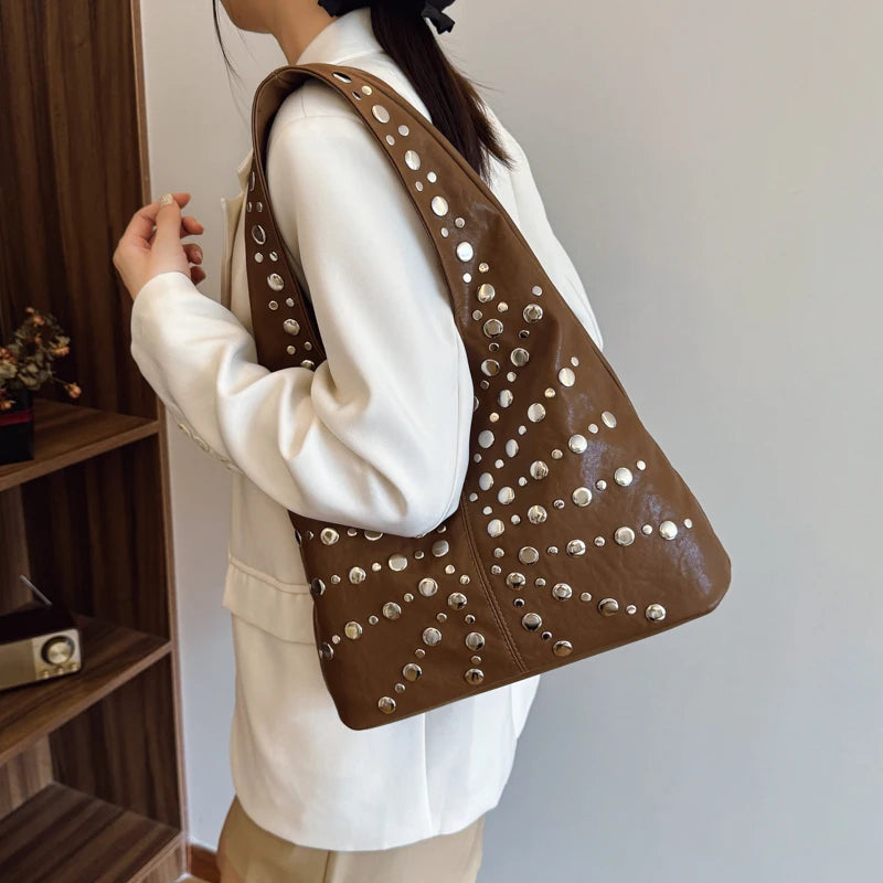 Bolso de hombro de moda para mujer, bolso de mano de lujo con remaches, bolso de mano de gran capacidad para oficina, bolso de mano estilo punk para chicas, bolsos principales para mujeres