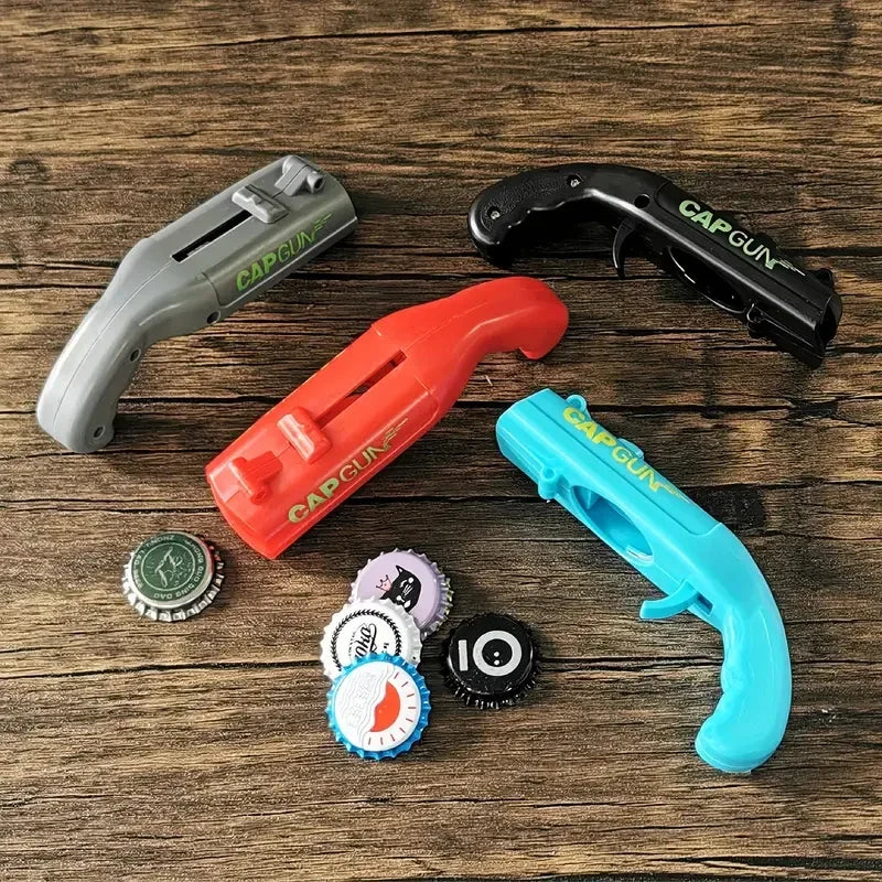 1 abridor de cerveza, lanzador de tapas voladoras, juego de beber para fiestas, juguete de cocina, accesorios de bar, destapador de pistola.