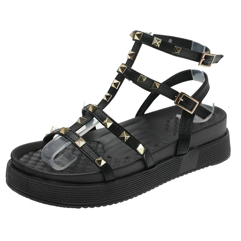 Zapatos de mujer en oferta 2024, sandalias de punta abierta de moda, remaches de verano, plataforma sólida para exteriores, zapatos casuales para mujer