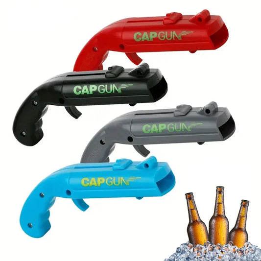 1 abridor de cerveza, lanzador de tapas voladoras, juego de beber para fiestas, juguete de cocina, accesorios de bar, destapador de pistola.