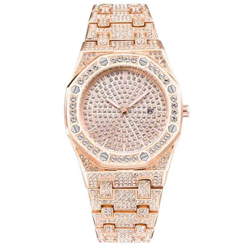Reloj para hombre, original, de gran marca, de lujo, con diamantes, de aleación, con fecha, de cuarzo, dorado, 2025