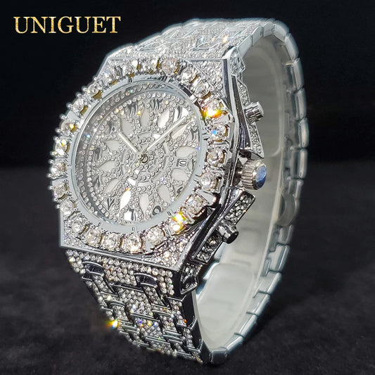 Reloj de lujo para hombre, reloj de cuarzo con diamantes de imitación brillantes y circonitas brillantes, estilo hip hop, luminoso, resistente al agua