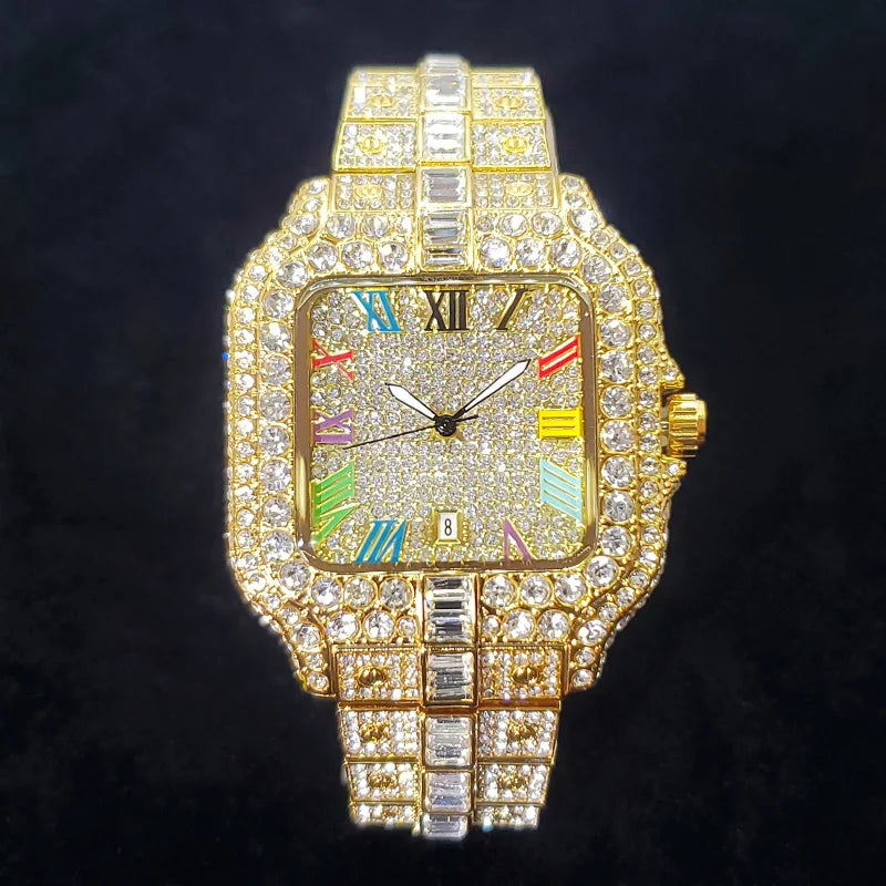 Reloj de lujo con diamantes para hombre, nuevo, 2025, a la moda, cuadrado, con números coloridos, estilo hip hop, joyería brillante, para fiesta
